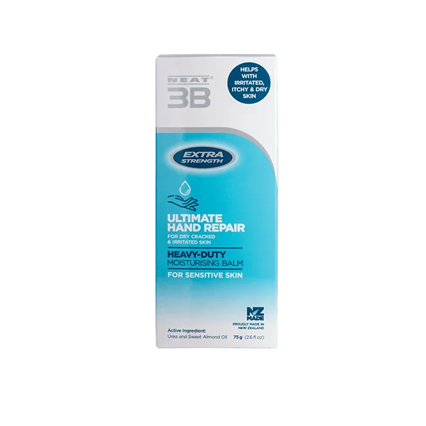 Neat Feat 3B Ultimate Hand Repair Moisturising Balm packaging box, mostly blue and white, featuring product branding and information.