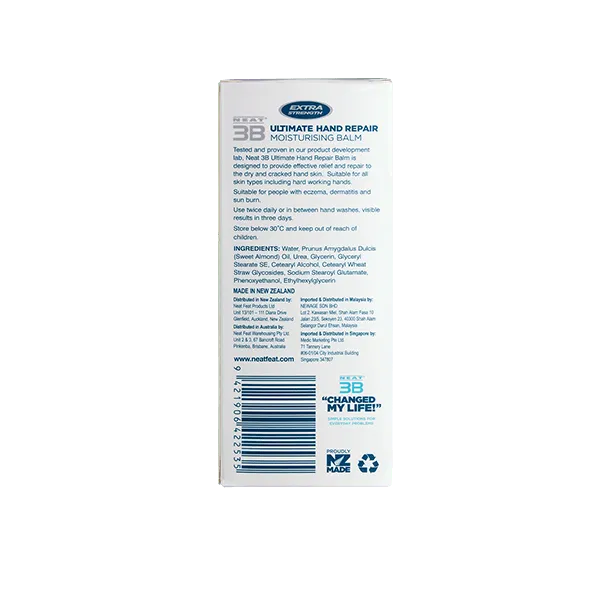 Back of the Neat Feat 3B Ultimate Hand Repair Moisturising Balm box, white with blue text displaying product details, directions, and ingredients.