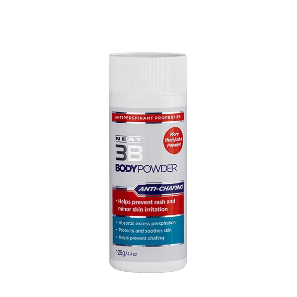 Neat Feat 3B Body Powder tube, white with a red, blue, and silver label featuring the product branding.