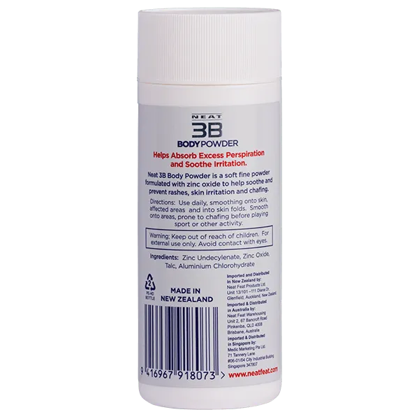 Back of the Neat Feat 3B Body Powder tube, white with a white label and blue/red text displaying product details and instructions.