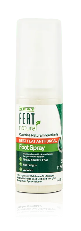 Neat Feat Natural Antifungal Foot Spray for Nail Fungus and Athlete's Foot tube, featuring a mostly green and white label with the product name and branding.