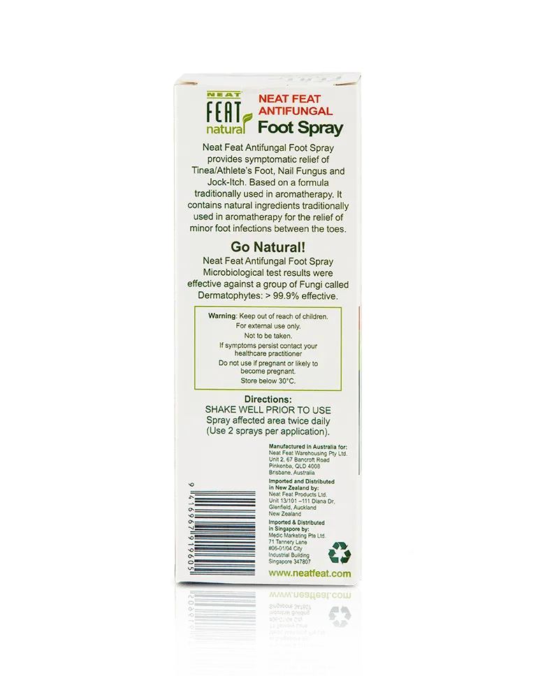 Back of the Neat Feat Natural Antibacterial Foot Spray for Nail Fungus and Athlete's Foot box, predominantly white and green with red accents, displaying product details, directions, and ingredients.