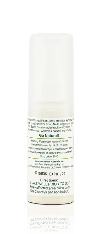 Back of the Neat Feat Natural Antifungal Foot Spray for Nail Fungus and Athlete's Foot tube, clear with a green and white label displaying product details, directions, and ingredients.