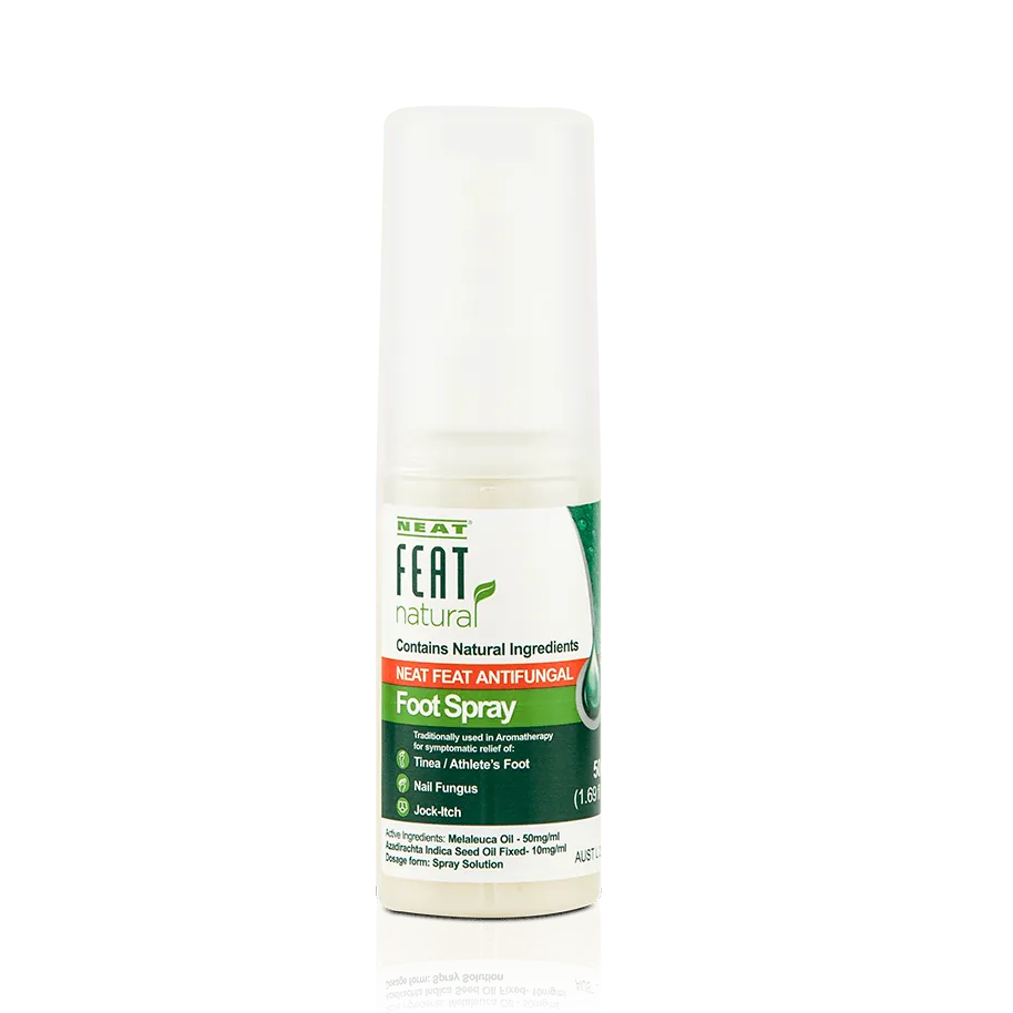 Neat Feat Natural Antifungal Foot Spray for Nail Fungus and Athlete's Foot tube, featuring a mostly green and white label with the product name and branding.