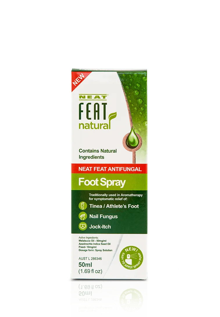 Neat Feat Natural Antifungal Foot Spray for Nail Fungus and Athlete's Foot box, mostly white and green with red accents, featuring product branding and information.