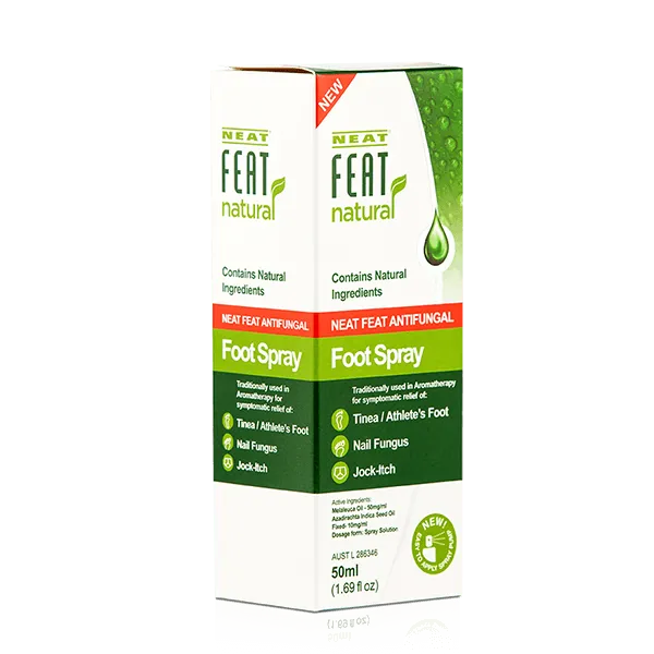 Neat Feat Natural Antifungal Foot Spray for Nail Fungus and Athlete's Foot box, shown front-on with the product slightly turned, highlighting the white, green, and red design.