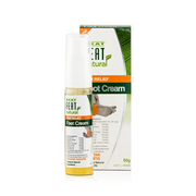 Neat Feat Natural Pain Relief Foot Cream, featuring a mostly white box with a clear tube in front, white label, and white cap.