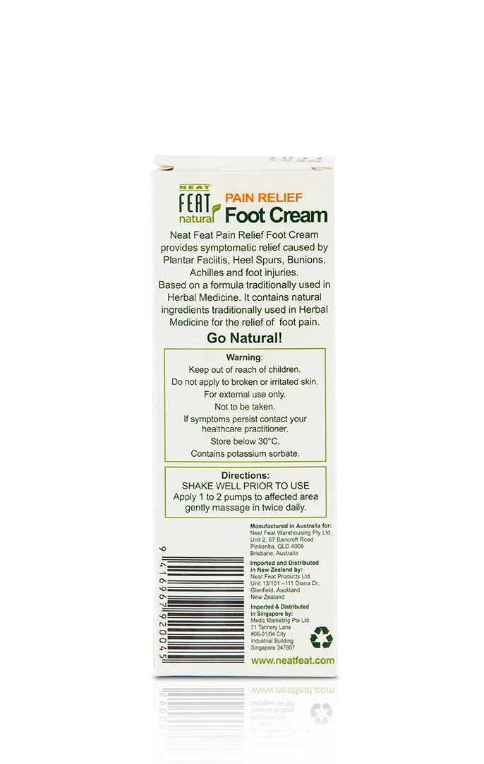Neat Feat Natural Pain Relief Foot Cream box, mostly white with green text detailing product information, directions, and ingredients.