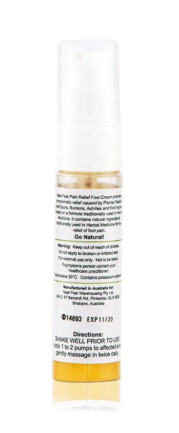 Back of the Neat Feat Natural Pain Relief Foot Cream tube, clear with white label and text displaying product details and directions.