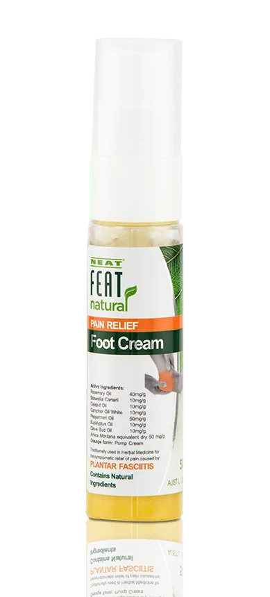 Neat Feat Natural Pain Relief Foot Cream tube, clear with a white label and white cap, showcasing the product's branding.