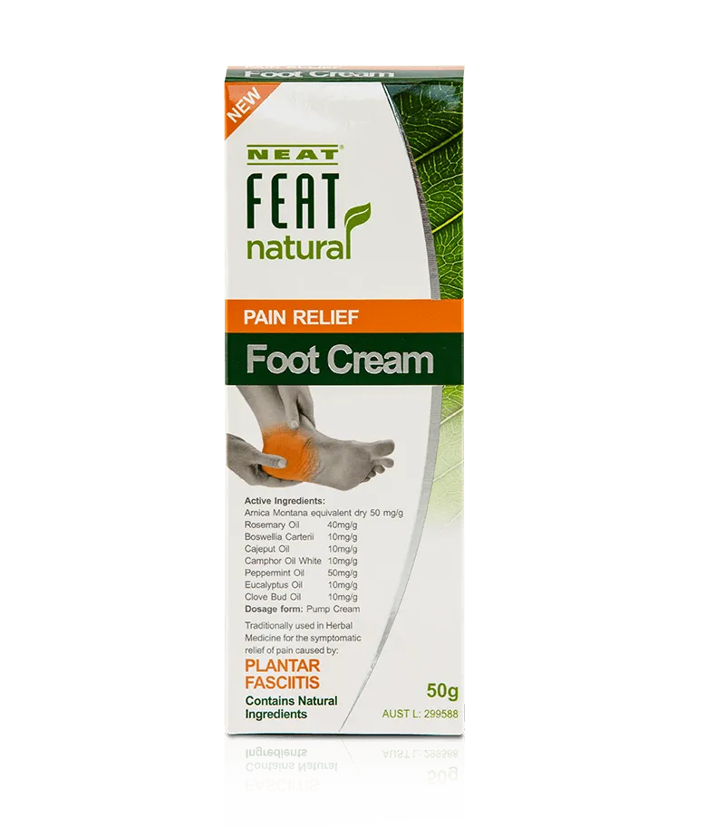 Front of the Neat Feat Natural Pain Relief Foot Cream box, mostly white with branding and product information prominently displayed.