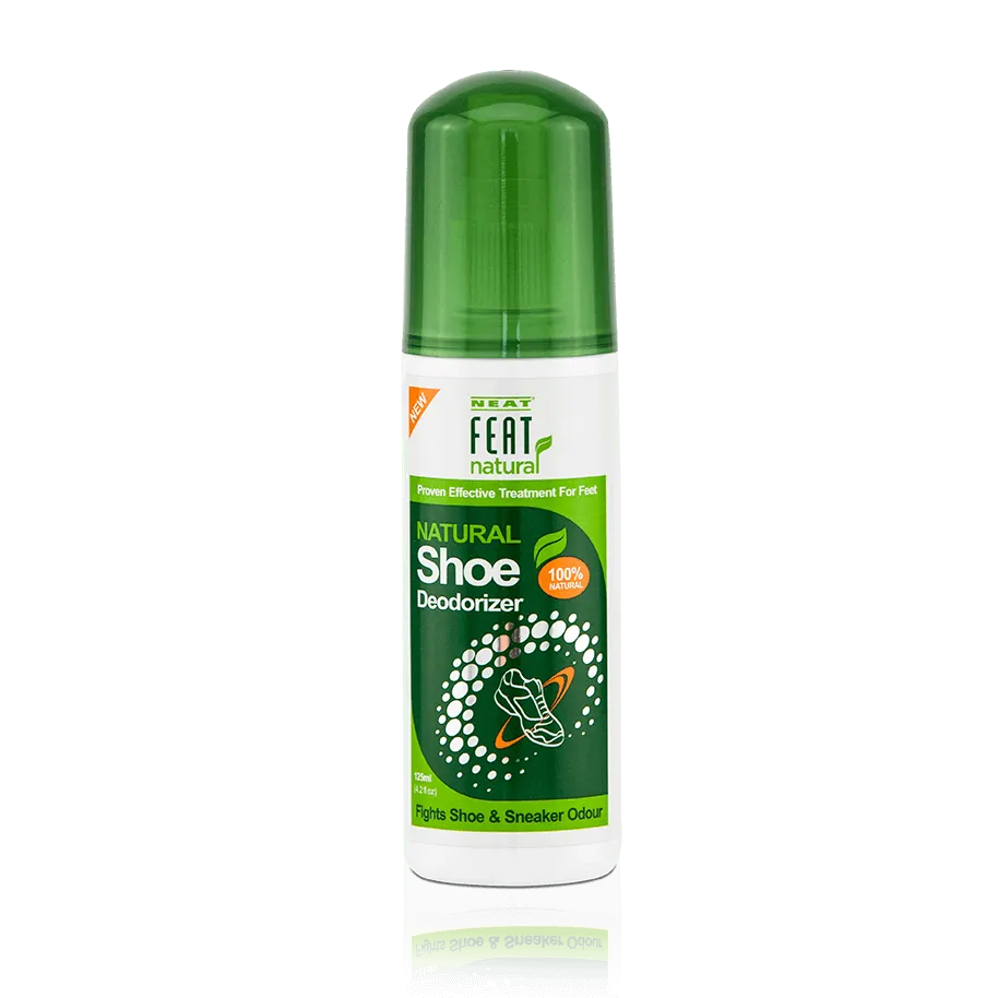 Neat Feat Natural Shoe Deodorizer with a white bottle, green label, and green cap, designed to eliminate odours and freshen shoes naturally.