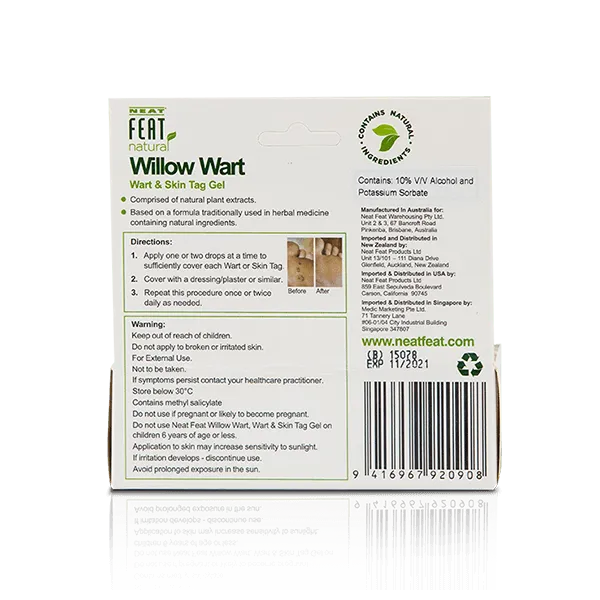 Back of the Neat Feat Natural Willow Wart and Skin Tag Gel box, mostly white with a barcode, directions for use, and product information.