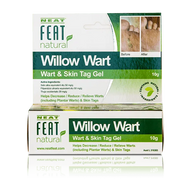 Neat Feat Natural Willow Wart and Skin Tag Gel box, shown face-on with a green and white design, featuring before and after examples of the product's results.
