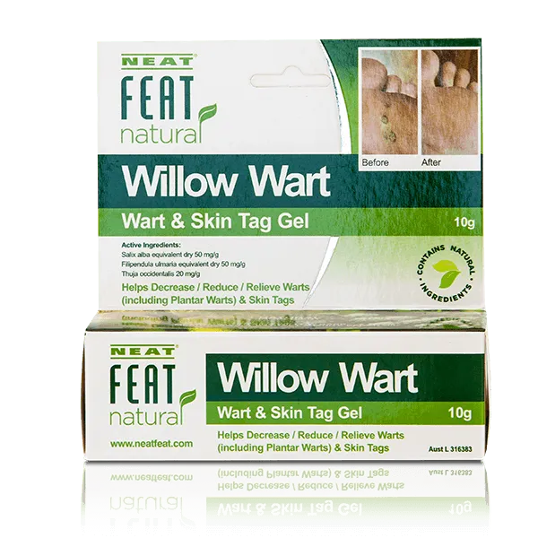 Neat Feat Natural Willow Wart and Skin Tag Gel box, shown face-on with a green and white design, featuring before and after examples of the product's results.