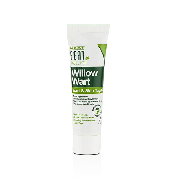 Neat Feat Natural Willow Wart and Skin Tag Gel tube, mostly white with a green label, displaying the product's branding.