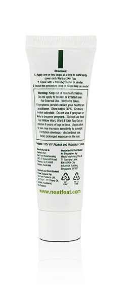 Back of the Neat Feat Natural Willow Wart and Skin Tag Gel tube, white with green text displaying product information.