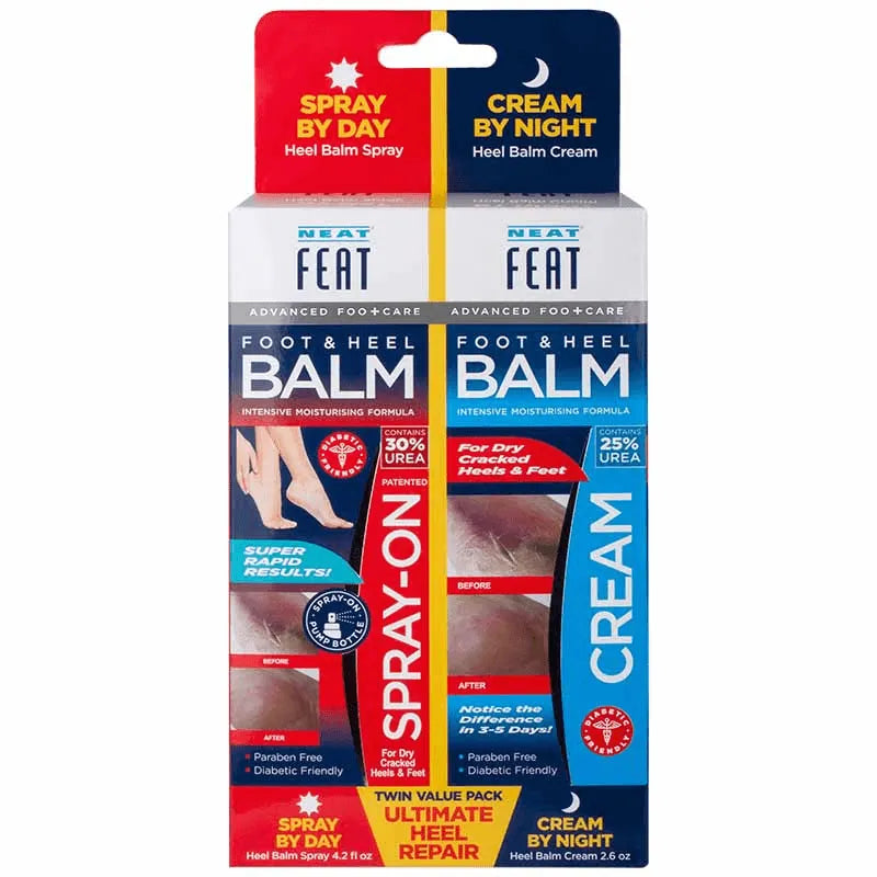Neat Feat Ultimate Heel Repair 2-in-1 Spray and Cream Value Pack box, showcasing the product packaging with clear branding.