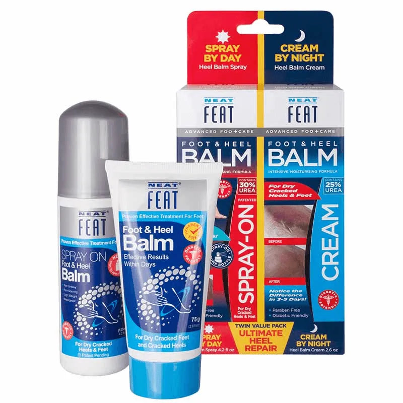 Neat Feat Ultimate Heel Repair 2-in-1 Spray and Cream Value Pack, with the spray positioned on the left and the balm placed in front of the box.