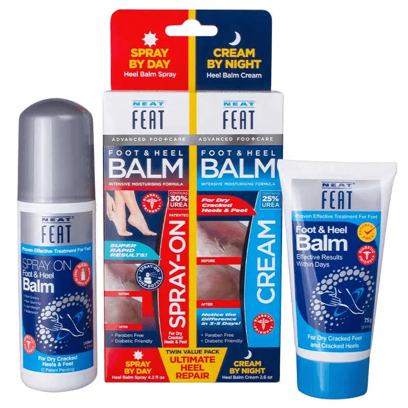 Neat Feat Ultimate Heel Repair 2-in-1 Spray and Cream Value Pack, featuring a box with the products displayed on either side – the spray on the left and the cream on the right.