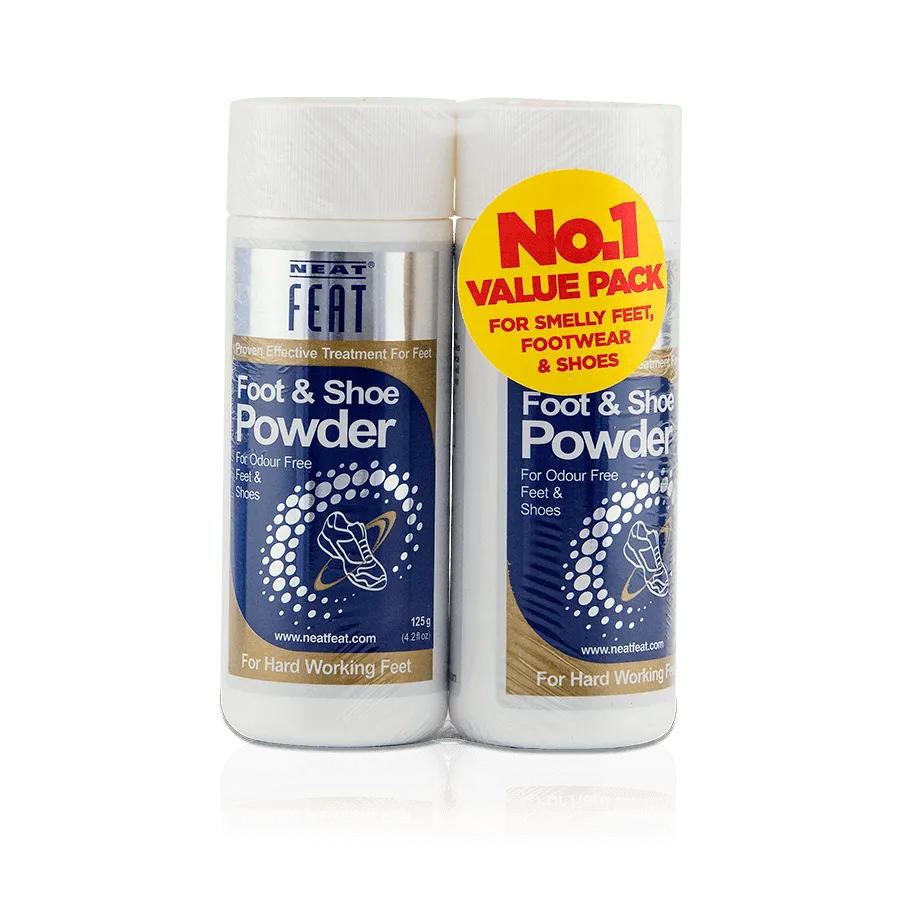 Neat Feat Foot & Shoe Powder twin pack standing upright in white tubes with blue, gold, and silver labels, featuring a large yellow 'Value Pack' label.