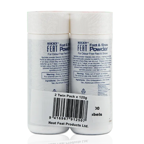 Back of Neat Feat Foot & Shoe Powder twin pack, showing mostly white packaging with blue text, logos, and a barcode.