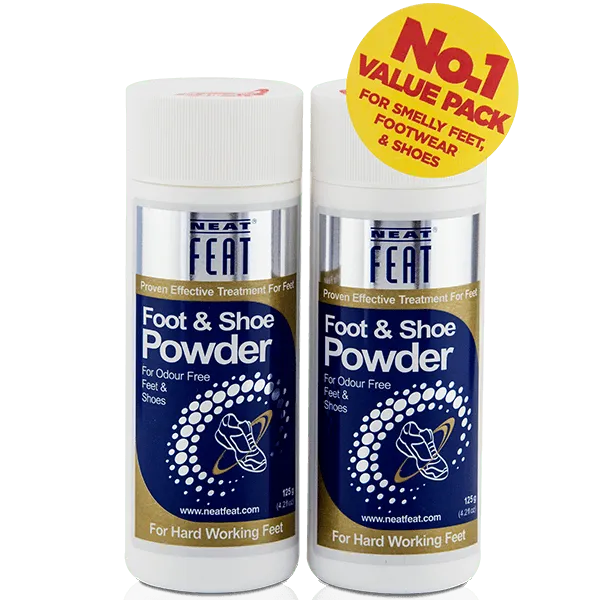 Neat Feat Foot & Shoe Powder twin pack standing upright in white tubes with blue, gold, and silver labels, featuring a large yellow 'Value Pack' label.