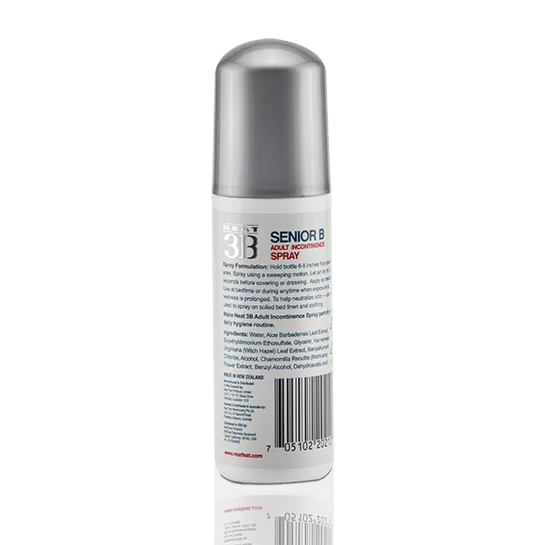 Back of the Neat 3B Senior B Incontinence Spray bottle, showing product information and instructions.