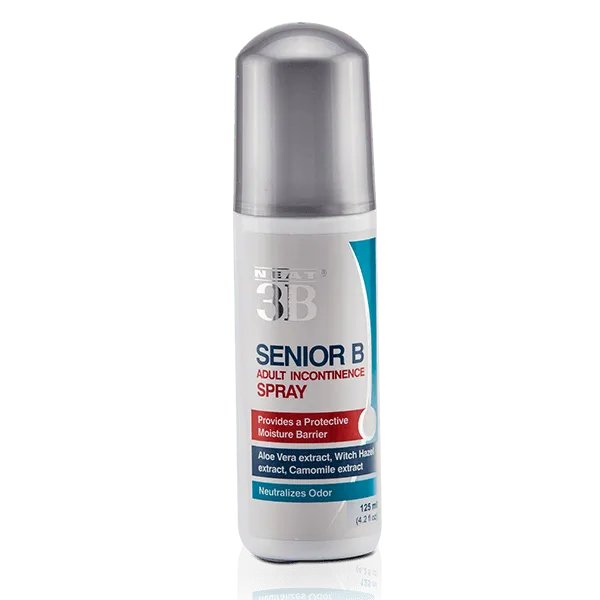 Neat 3B Senior B Incontinence Spray in a white bottle with a grey lid.