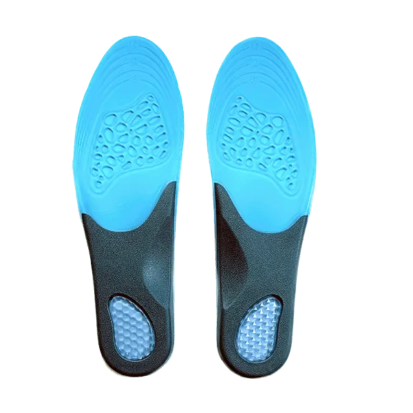 Underside view of Neat Feat Platinum Series Advanced Memory Foam Insoles side by side, featuring a mostly blue design with added black support around the heel and arch, plus an extra cushioned heel pad for enhanced comfort.