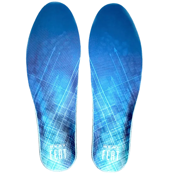 Top view of Neat Feat Platinum Series Advanced Memory Foam Insoles side by side, showcasing their blue design with a white logo.