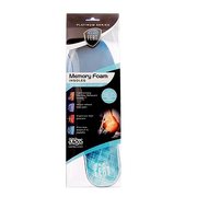 Front view of Neat Feat Platinum Series Advanced Memory Foam Insole packaging, featuring a black label with blue accents and a clear section revealing the blue insole design.