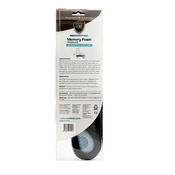 Back view of Neat Feat Platinum Series Advanced Memory Foam Insole packaging, predominantly white with mostly black text detailing product information.