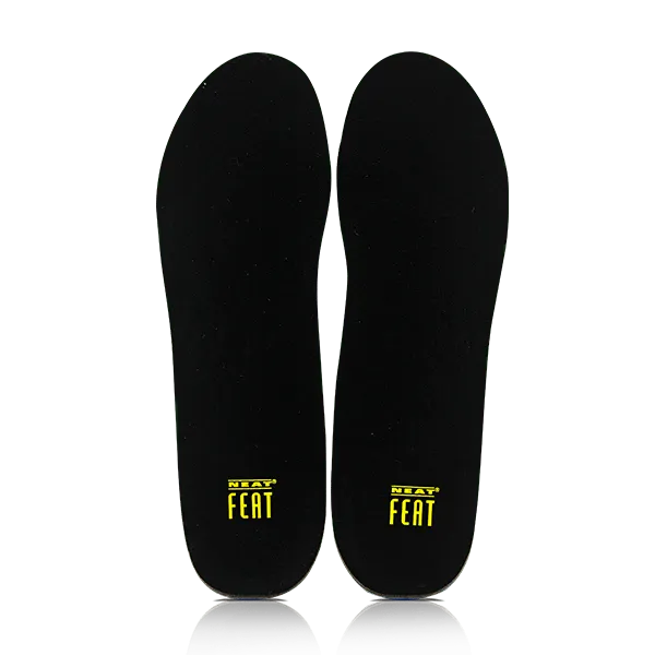 Top view of the Neat Feat Platinum Series Energy Massage Gel Insoles, sitting side by side. The black surface of the insoles is visible, with the yellow logo prominently displayed on each insole.