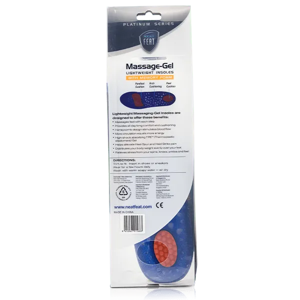 Back view of the Neat Feat Platinum Series Energy Massage Gel Insoles packaging. The box is mostly white with predominantly black text, and a small window exposes the heel of the insole, showcasing its unique design.