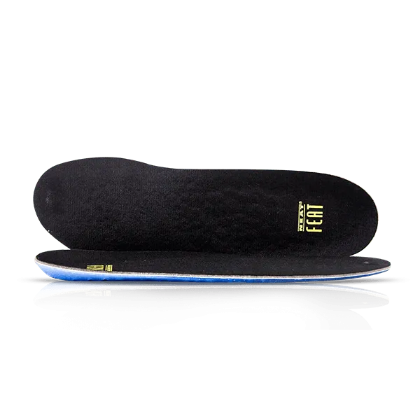 Side view of the Neat Feat Platinum Series Energy Massage Gel Insoles. One insole is laying flat, while the other stands upright on its side, showcasing the sleek design and gel structure.