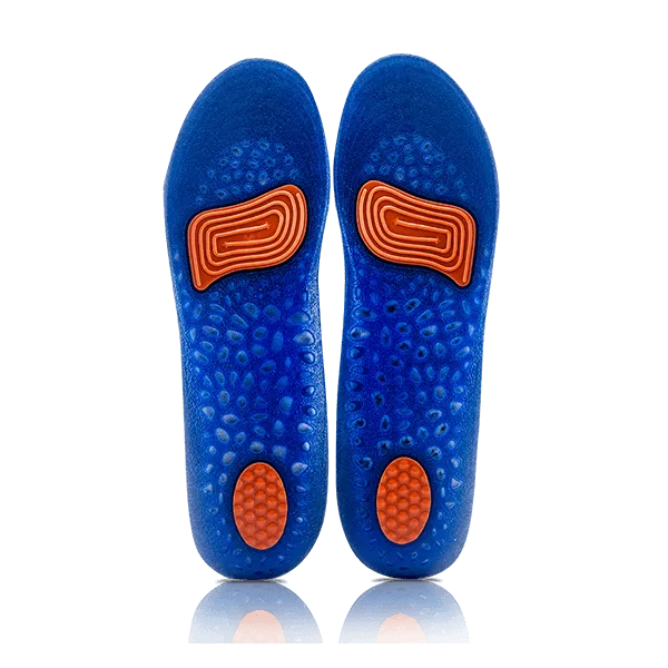 Bottom view of the Neat Feat Platinum Series Energy Massage Gel Insole, featuring a mostly blue ribbed design with orange pads strategically placed for added comfort and support.