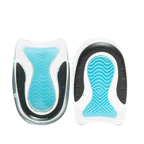 Underside view of the Neat Feat Heel Cups. The base features a smooth design with a blue heel pad and black trim around the heel for added stability and comfort.