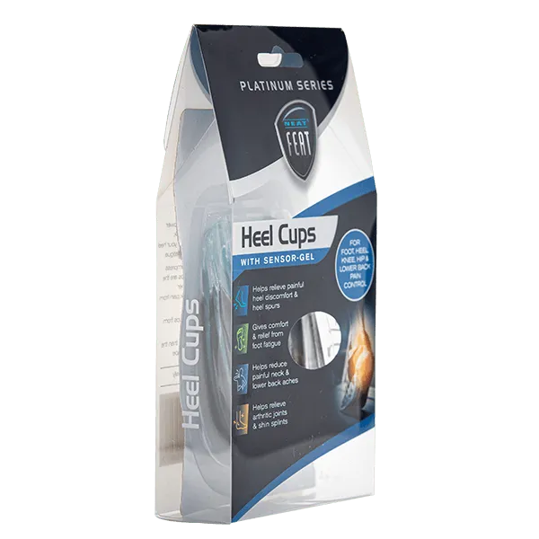 Side angle view of the Neat Feat Heel Cups packaging, showcasing the mostly clear design with black and blue accents on the front, along with a glimpse of the blue heel cups inside.