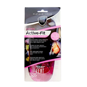 Front view of the Neat Feat Platinum Series Ladies 3/4 Length Inserts packaging. The mostly clear pack features black and pink accents on the label, with the pink top of the inserts visible through the transparent section.