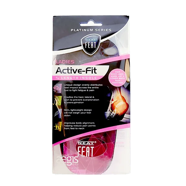 Front view of the Neat Feat Platinum Series Ladies 3/4 Length Inserts packaging. The mostly clear pack features black and pink accents on the label, with the pink top of the inserts visible through the transparent section.