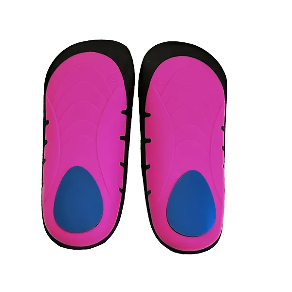 Underside view of the Neat Feat Platinum Series Ladies 3/4 Length Inserts. The design features a mostly pink base with a blue heel shock pad and a black rim for added structure.