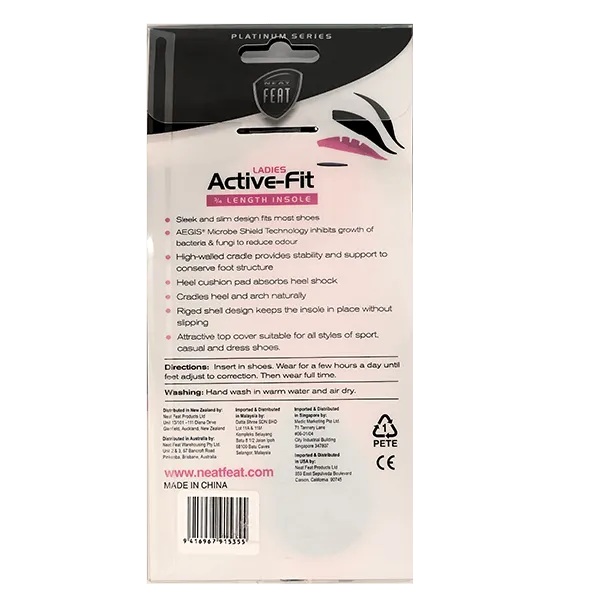 Back view of the Neat Feat Platinum Series Ladies 3/4 Length Inserts packaging. The box is mostly white with detailed black text providing product information and usage instructions.