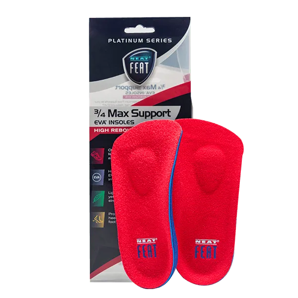 Platinum Series Maximum Foot Support 3/4 Insole, with the red insoles displayed outside of the packaging and sitting in front of it. The insoles feature a white and blue logo on the front, highlighting their design and support features.