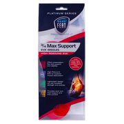 Platinum Series Maximum Foot Support 3/4 Insole, displayed within clear packaging with dark blue and red accents. The red insoles are visible through the packaging, showcasing their design and support features.