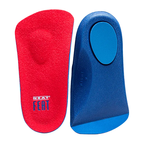 Platinum Series Maximum Foot Support 3/4 Insole, with both red insoles displayed. One insole is flipped, revealing its blue underside, showcasing the insoles' design and support features.