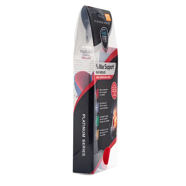 A side angle of the Platinum Series Maximum Foot Support 3/4 Insole packaging, showcasing the clear packaging with dark blue and red accents. The front of the box features branding and product details.