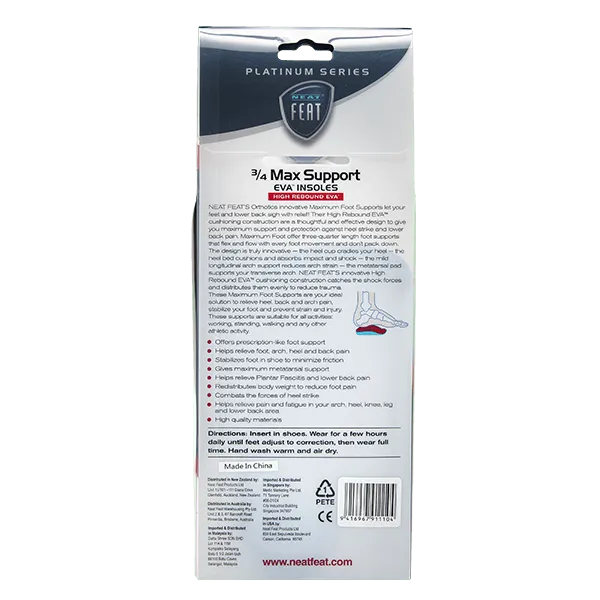 The back of the Platinum Series Maximum Foot Support 3/4 Insole packaging, mostly white with black font, displaying product details and usage instructions in a clean, organised layout.
