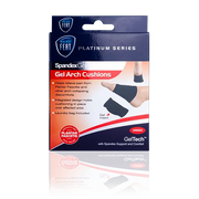 Platinum Series Spandex Gel Arch Cushion for Collapsing Arches. The image shows the mostly blue and red box with pictures of feet demonstrating the product, highlighting its fit and support for collapsing arches.