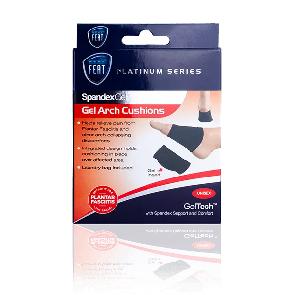 Platinum Series Spandex Gel Arch Cushion for Collapsing Arches. The image shows the mostly blue and red box with pictures of feet demonstrating the product, highlighting its fit and support for collapsing arches.